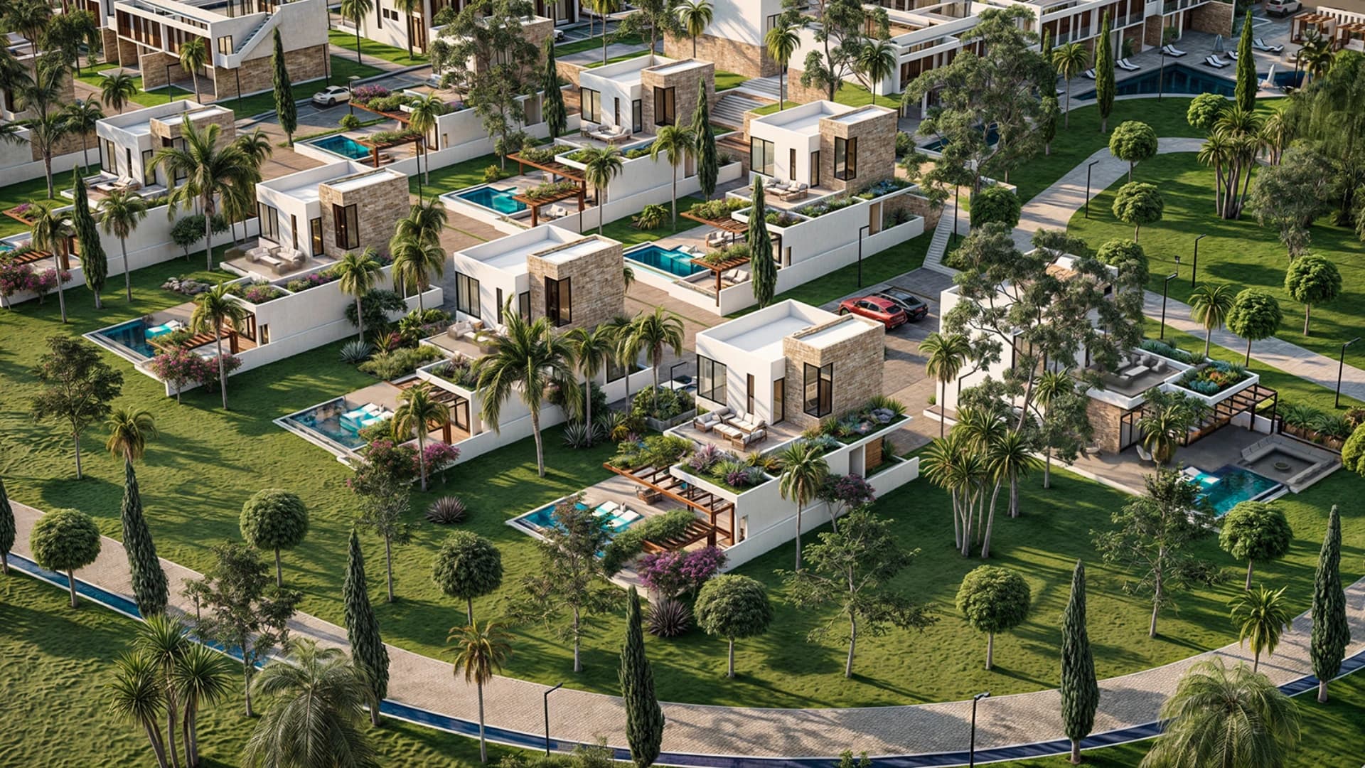 Aerial shot of modern villas with private pools, rooftop terraces, and manicured gardens.