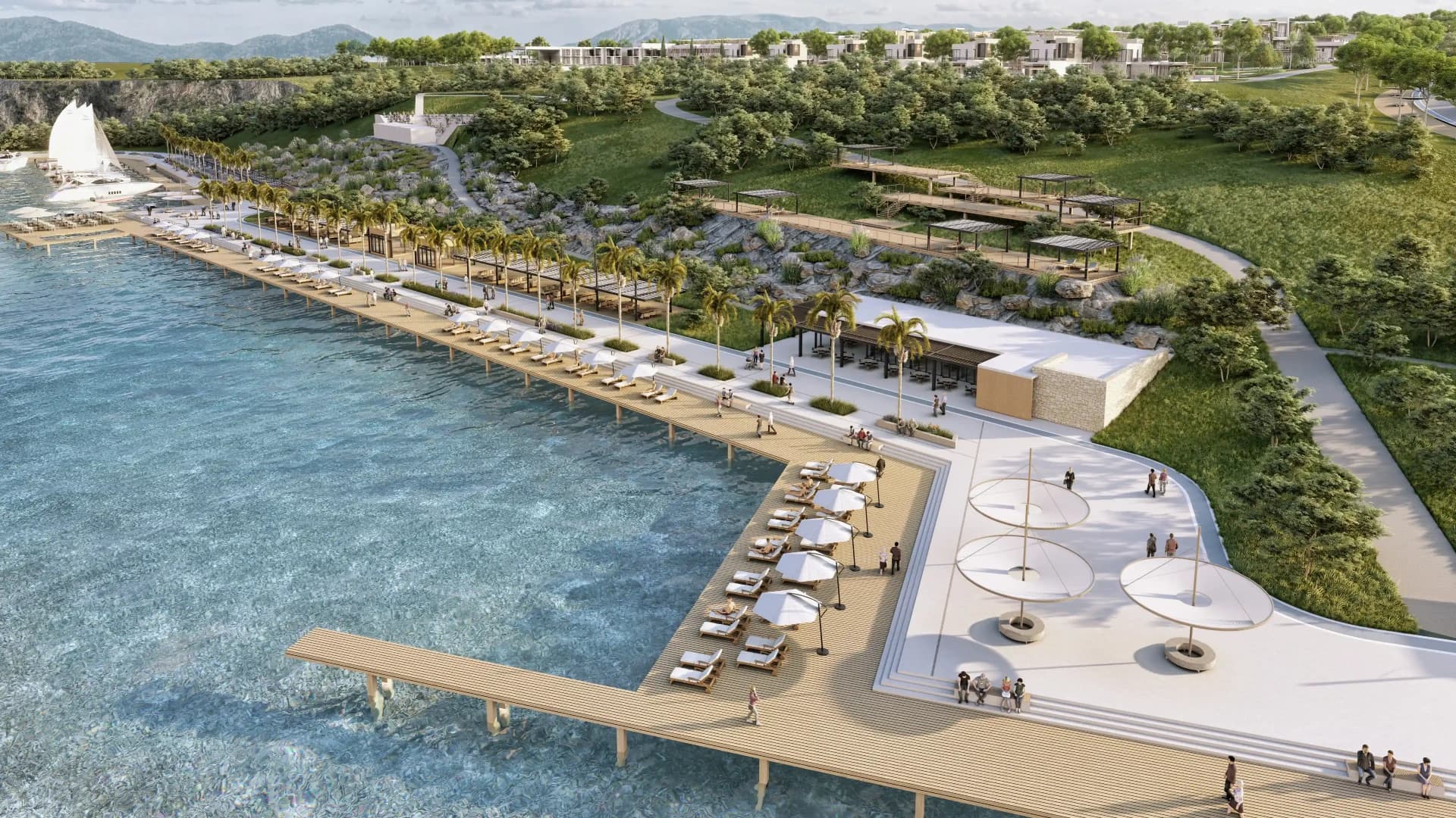 Elevated view of the expansive pier and waterfront promenade with azure waters.